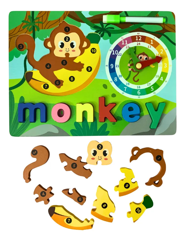 Wooden 3D Puzzle Sorting & Drawing Board with Clock