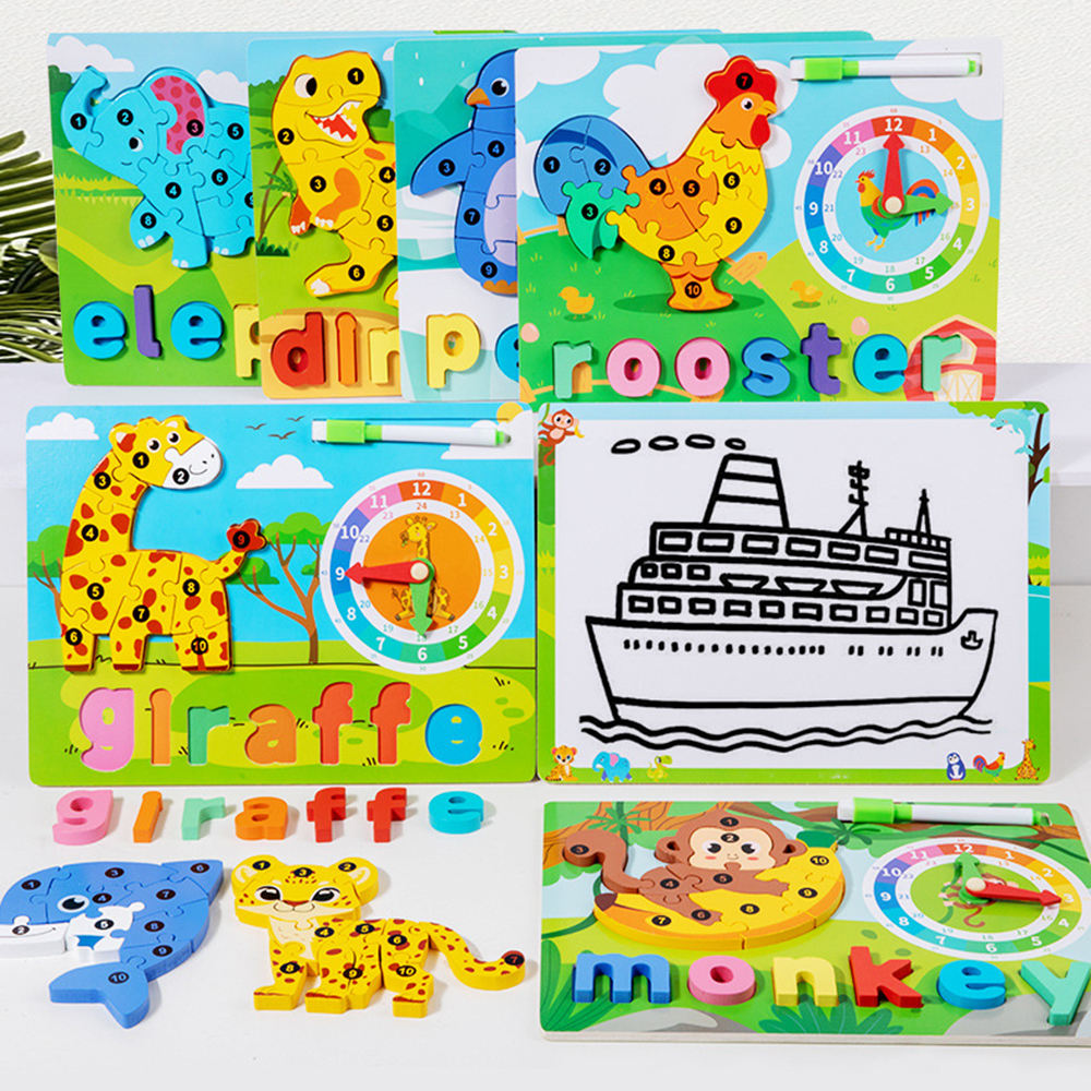 Wooden 3D Puzzle Sorting & Drawing Board with Clock