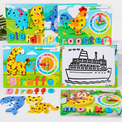Wooden 3D Puzzle Sorting & Drawing Board with Clock