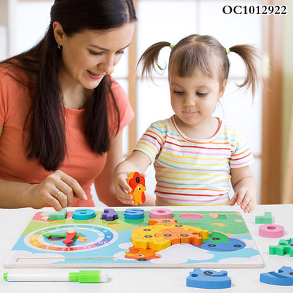 Wooden 3D Puzzle Sorting & Drawing Board with Clock